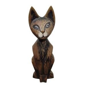 Vintage 15" Carved Wood Cat Sculpture Statue Figurine Mid Century MCM Brown
